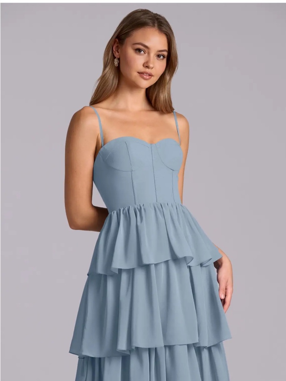 Azazie Faye Dusty Blue layered bustier bridesmaid dress.